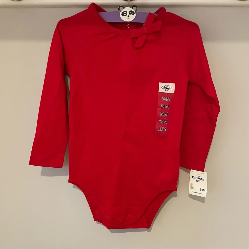 NWT OshKosh B'gosh Vibrant Red Long Sleeve Onesie with Bow Accent Snap Closure